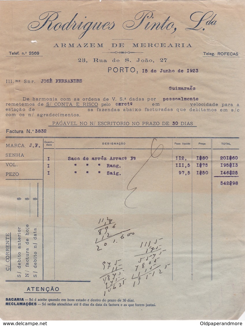 PORTUGAL COMMERCIAL INVOICE - PORTO -  RODRIGUES PINTO - MERCEARIA - Portugal