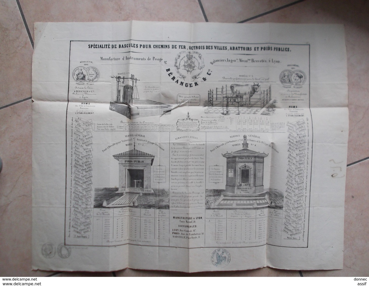 AFFICHE Env. 47 X 60 Cm Bascules Pour Chemins De Fer, Octrois , Abattoirs Poids Publics Béranger, Lyon Timbre Impérial - Publicités