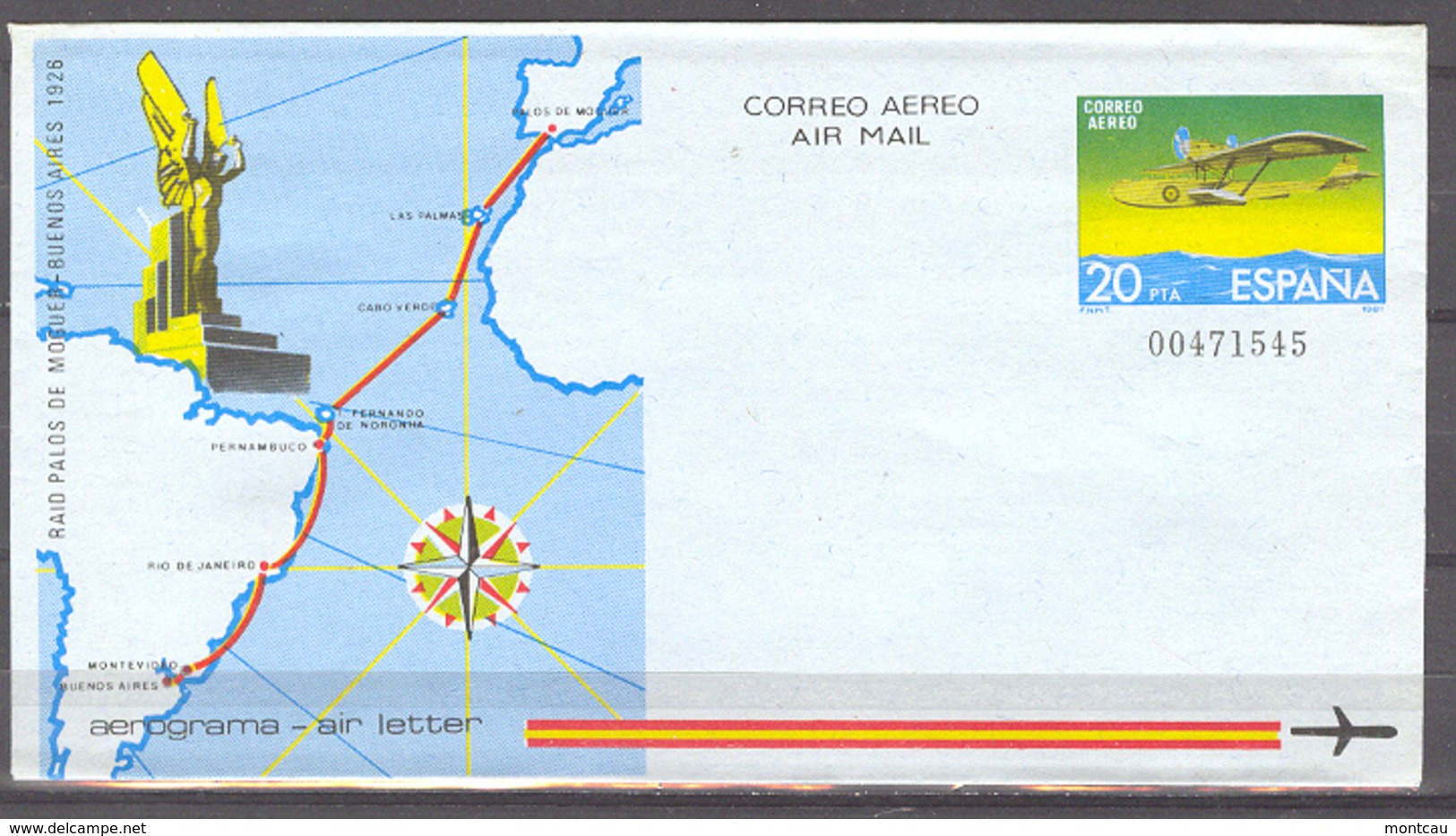 España - Aerograma N. 201 - 1981 - Raid Palos-BBAA - 1931-....