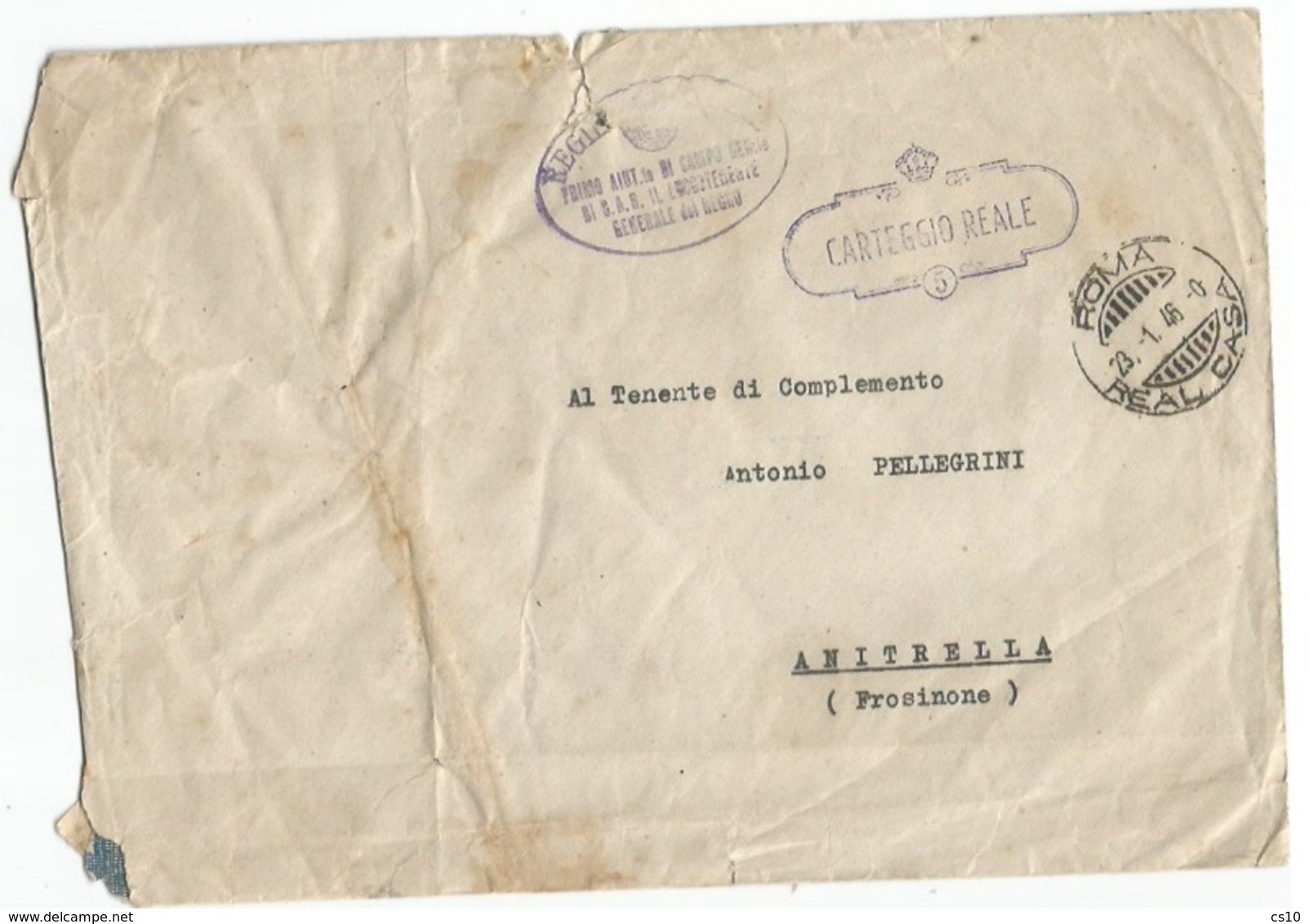 . Luogotenenza Carteggio Reale Aiutante Campo SaR Luogotenente Gen.del Regno Busta Roma Real Casa 23gen46 X Anitrella FR - Storia Postale