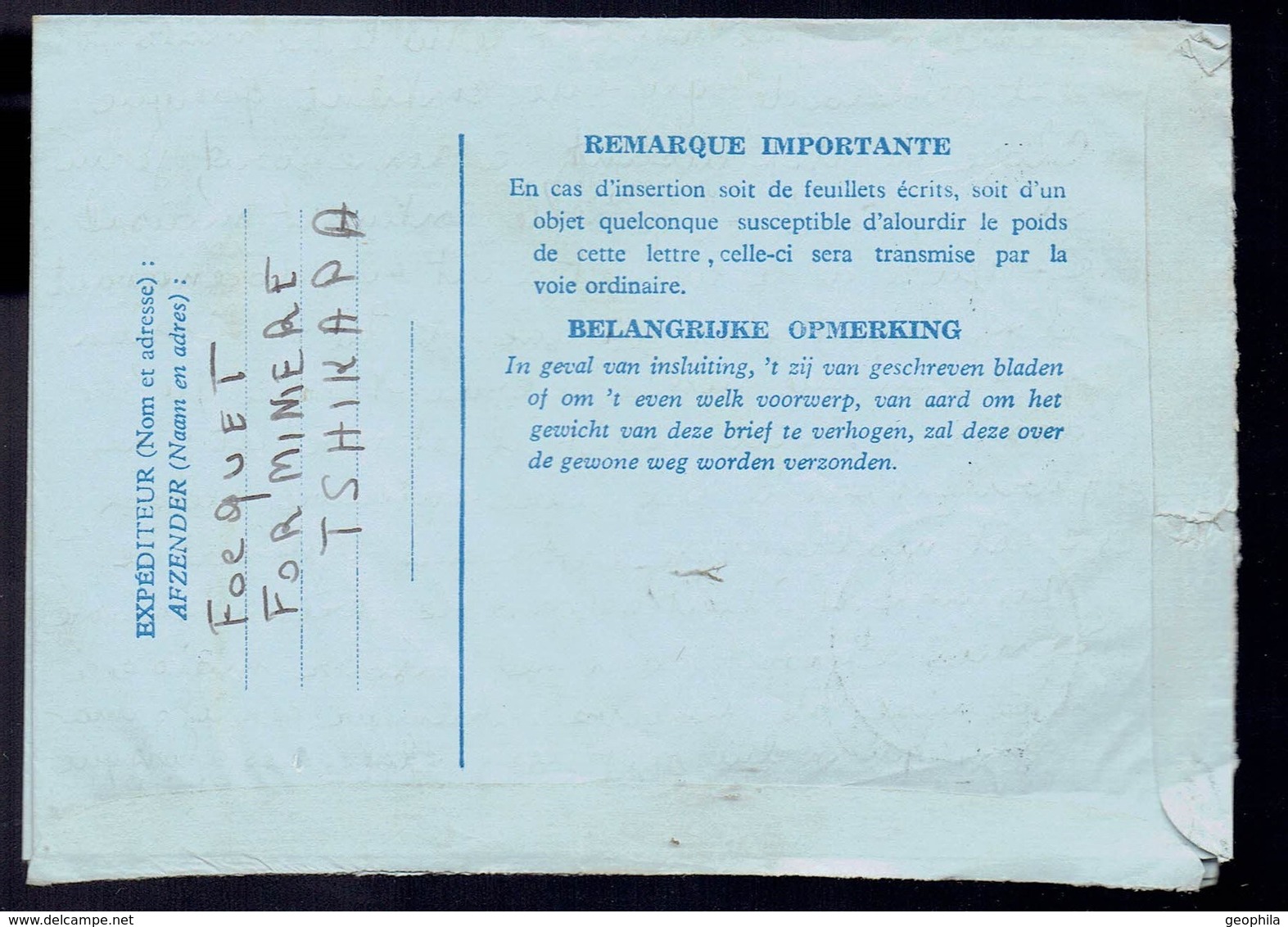 Aérogramme N° 4 Utilisé De Tshikapa ( Congo Belge ) 26 5 54 Vers La Belgique ( A Vraisemblablement Voyagé ) - Autres & Non Classés