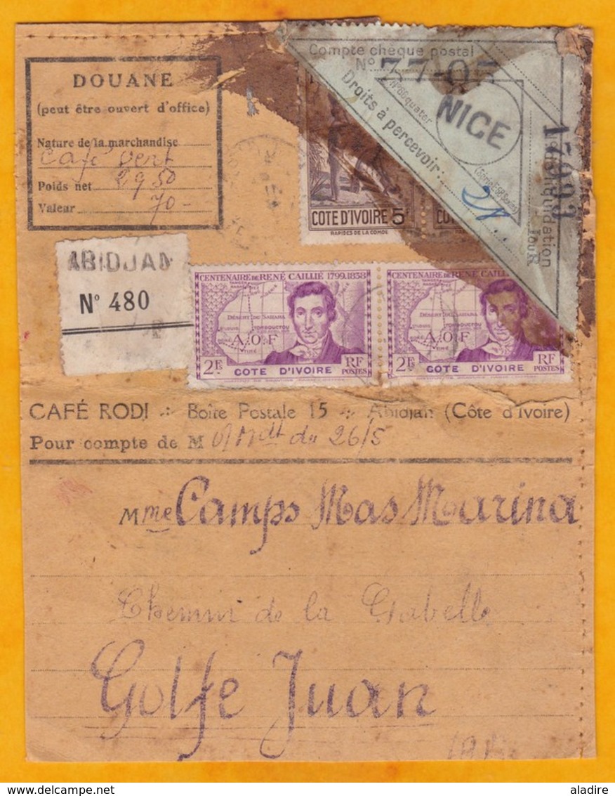 1939 - Bon De Colis De Café D'Abidjan, Côte D'Ivoire Vers Golfe-Juan, France - Paires René Caillé 2 F + Comoe 5f - Covers & Documents