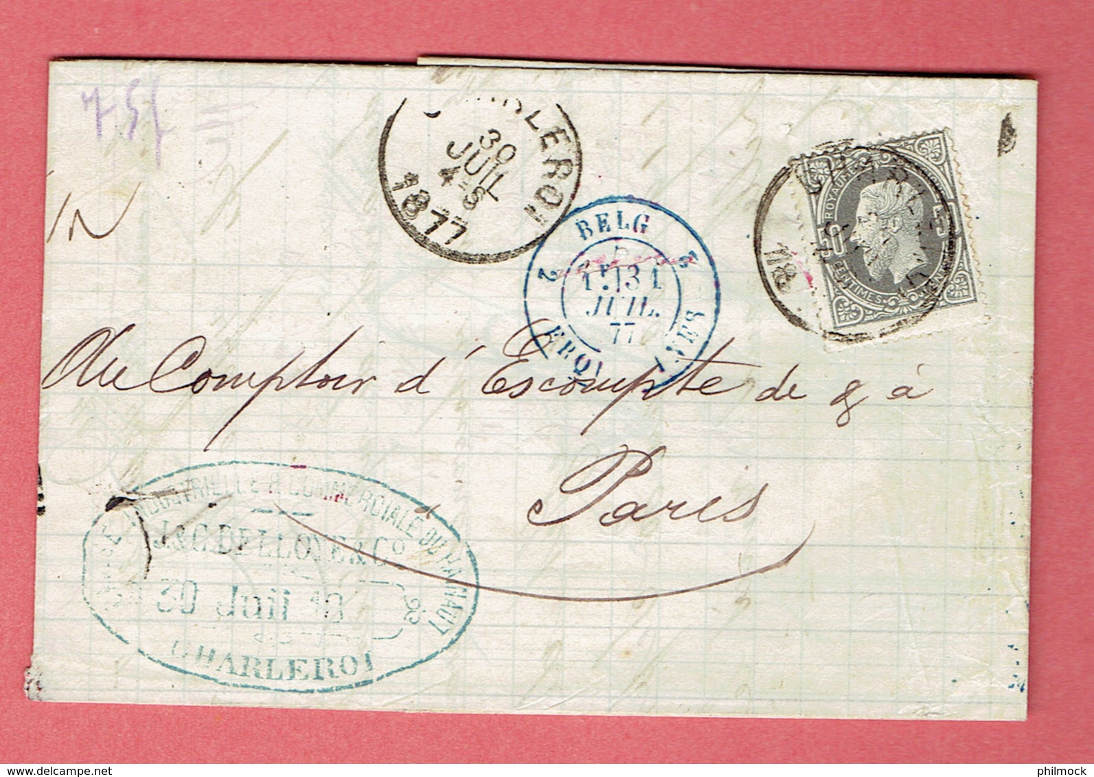 J - Lettre Commerciale - Tarif International D'époque - Oblit Charleroi 1877 Sur N°35  Par Belg-Erquelinnes Vers Paris - 1869-1883 Léopold II
