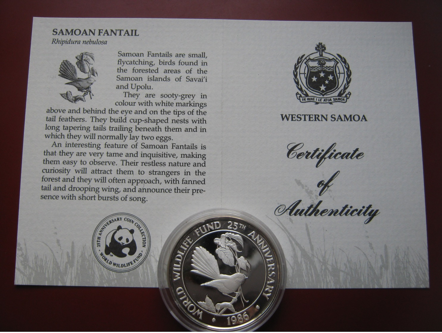 Samoa & Sisifo 1986 $10 Tala Silver Proof Coin WWF With COA Card - Samoan Fantail Bird - Samoa