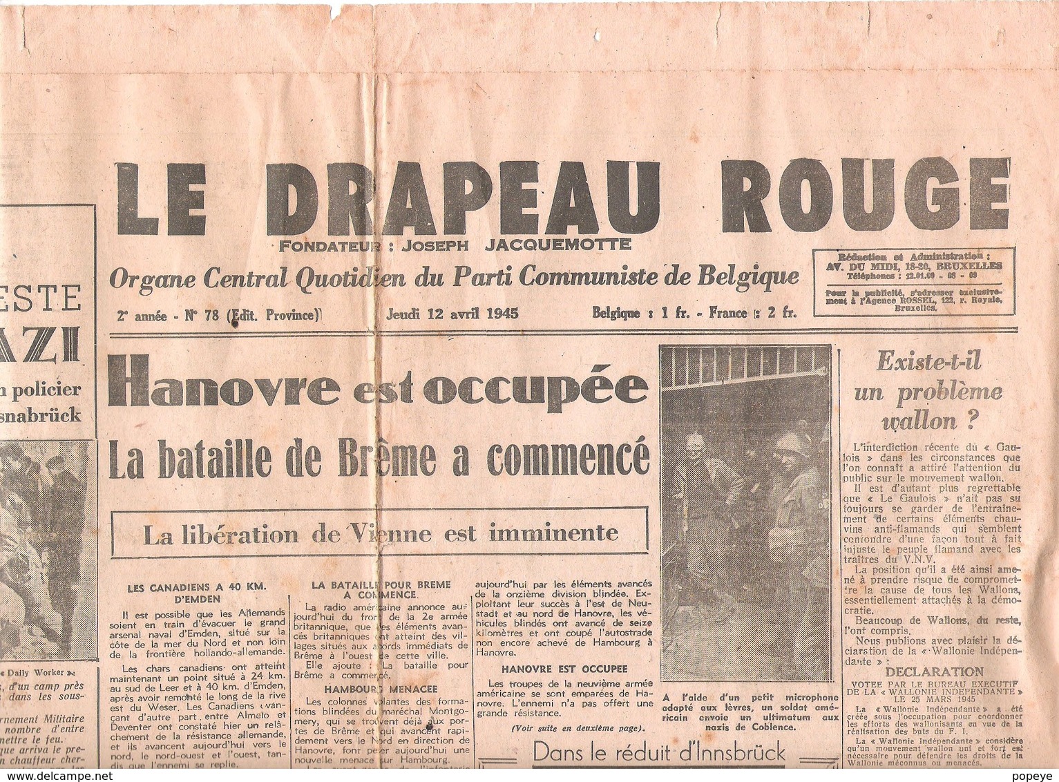 Ancien Journal Drapeau Rouge Du 12 Avril 1945 - Documents Historiques