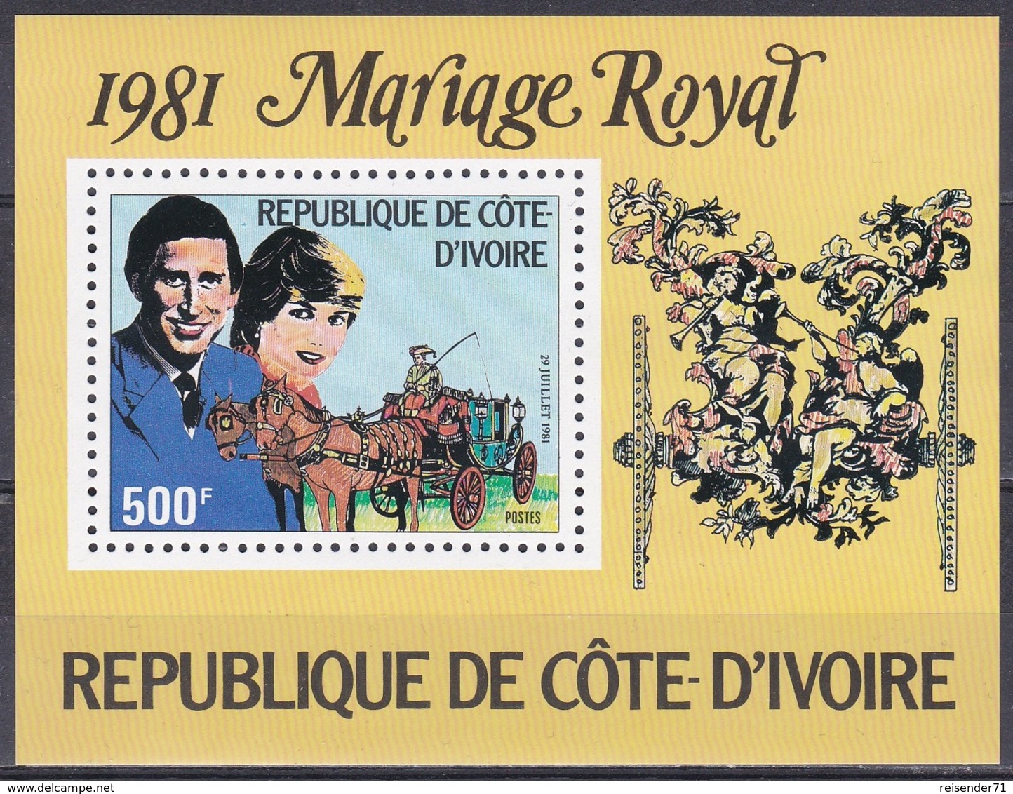 Elfenbeinküste Ivory Coast Cote D'Ivoire 1981 Persönlichkeiten Königshäuser Royals Hochzeit Charles Diana, Bl. 18 ** - Côte D'Ivoire (1960-...)