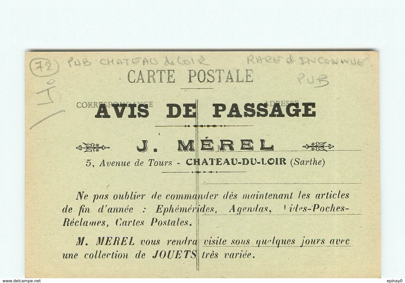 72 - CHATEAU DU LOIR - Publicité Avis De Passage J. MEREL Vendeur Jouet Agenda Carte Postale MONTREUIL LE HENRI - Chateau Du Loir