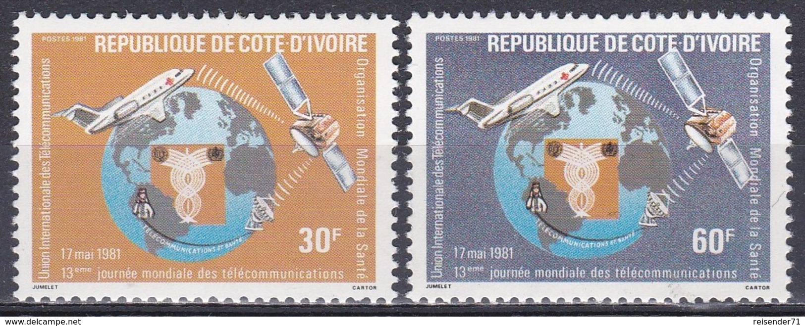 Elfenbeinküste Ivory Coast Cote D'Ivoire 1981 Kommunikation Weltfernmeldetag Flugzeug Aeroplane Satelliten, Mi. 678-9 ** - Côte D'Ivoire (1960-...)