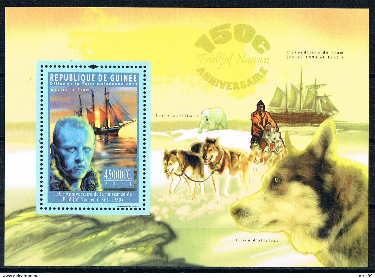 Bloc Sheet Fridijof Nansen Le Fram Explorteurs Explorers Antartique Artic Animals Dogs  Neuf MNH ** Guinee 2011 - Explorateurs