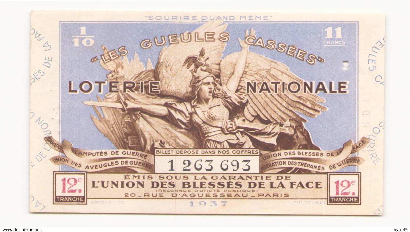 Billet De Loterie Nationale Les Gueules Cassées 1937 - Lottery Tickets