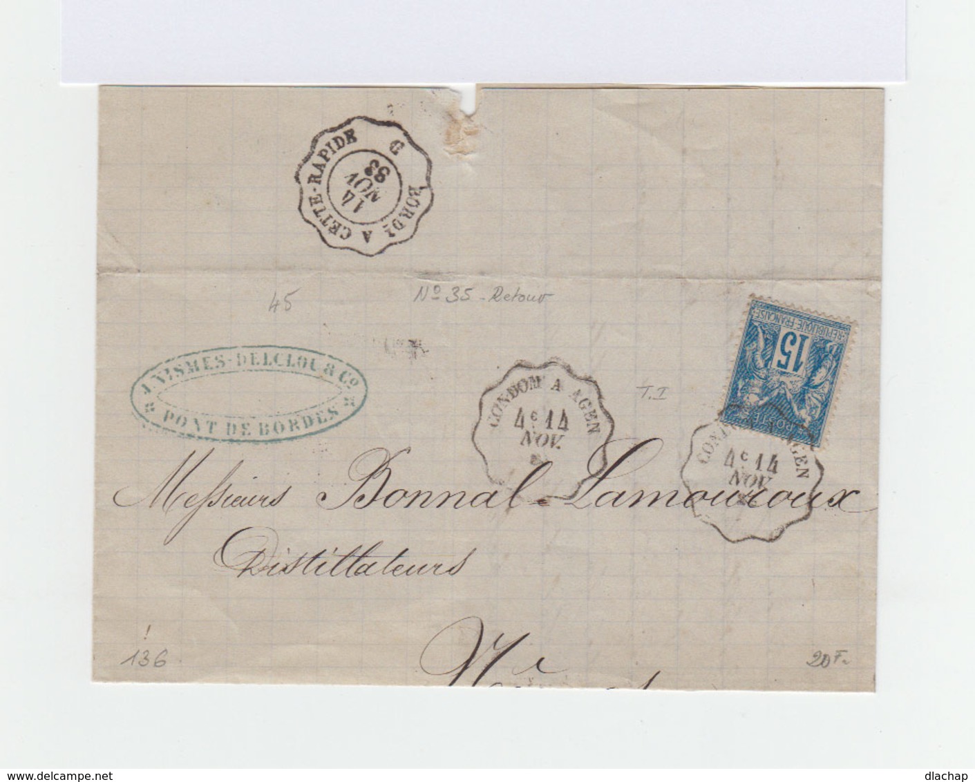 Sur Lettre Type Sage 15 C Bleu.CAD Ambulant Condom à Agen Et Bordes à Cette Rapide  1883. (980) - Poste Ferroviaire