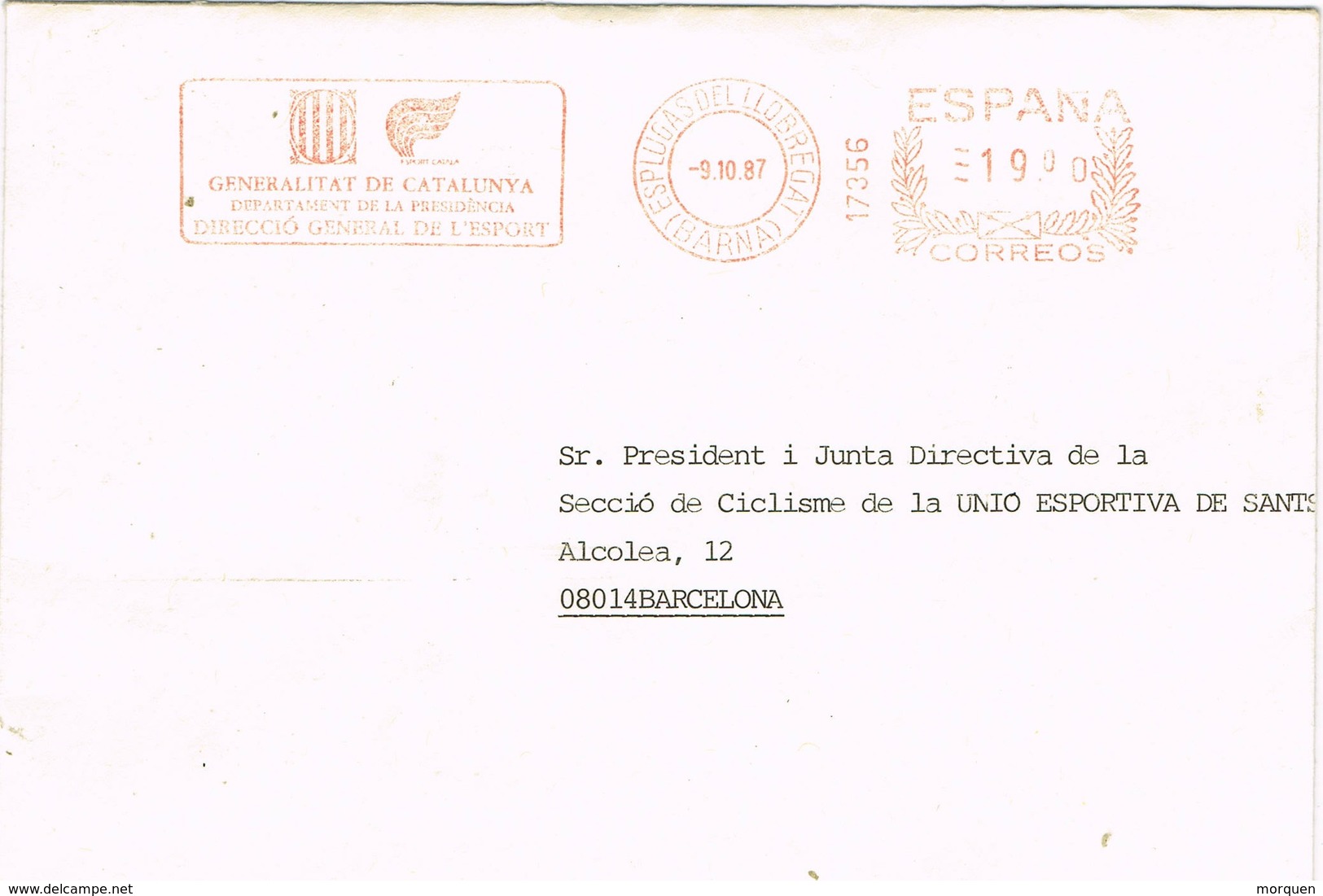 31042. Carta ESPLUGAS De LLOBREGAT (Barcelona) 1987. Frabqueo Mecanico Generalitat, Esport - Cartas & Documentos