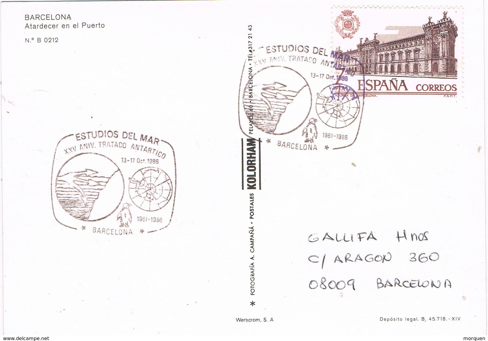 31043. Postal BARCELONA 1986. Estudios Del Mar, Tratado ANTARTICO. Antartida - Cartas & Documentos
