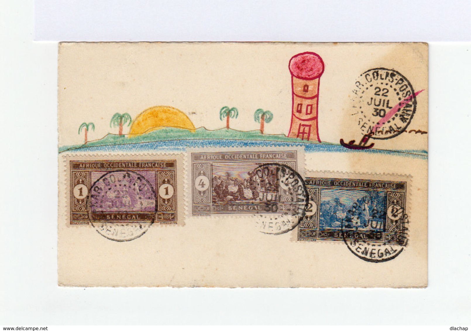 Sur Carte Dessin Naif Et Trois Timbres Sénégal AOF Cachet Sénégal Maroc Colis Postaux 1930. (983) - Lettres & Documents