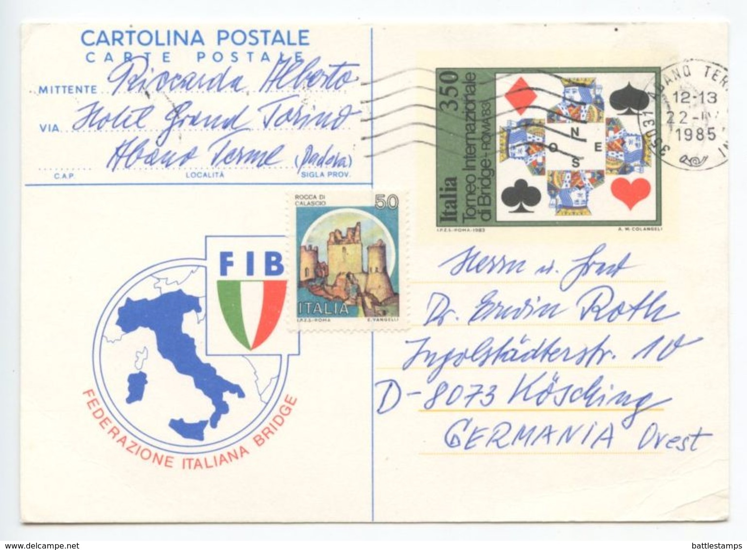 Italy 1985 Bridge Game Postal Card Abano Terme To Kösching, West Germany - Stamped Stationery