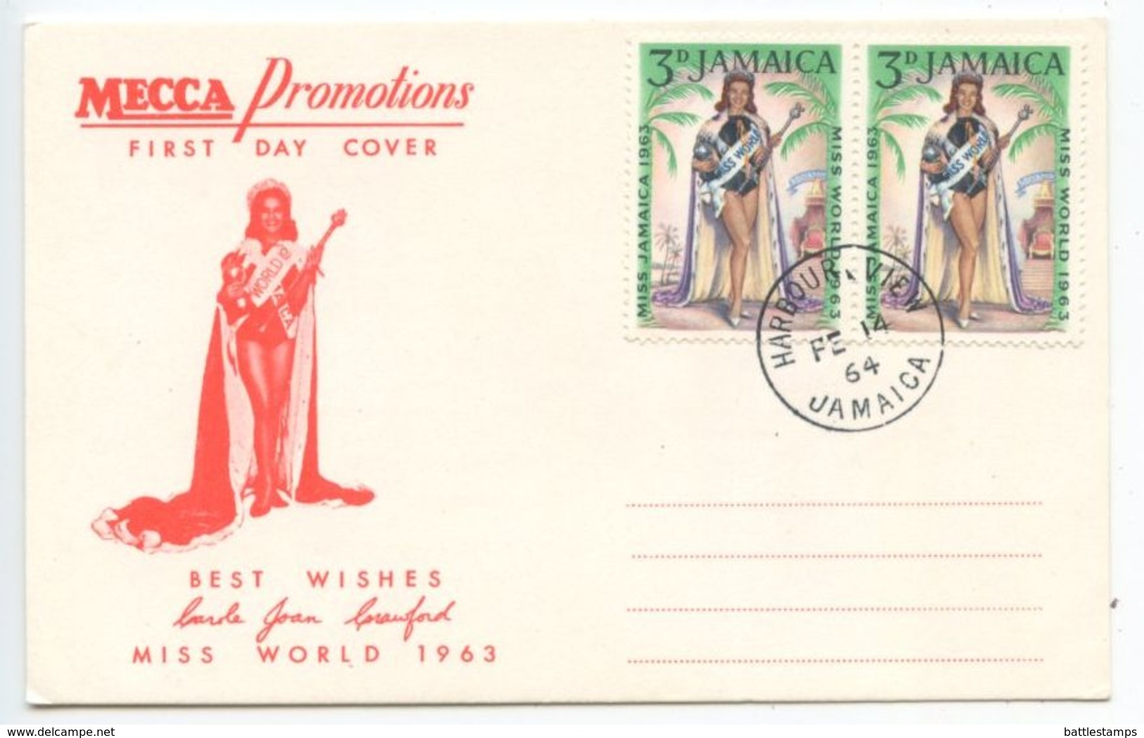 Jamaica 1964 FDC Postcard Scott 205 Miss World, Carole Joan Crawford - Jamaica (1962-...)