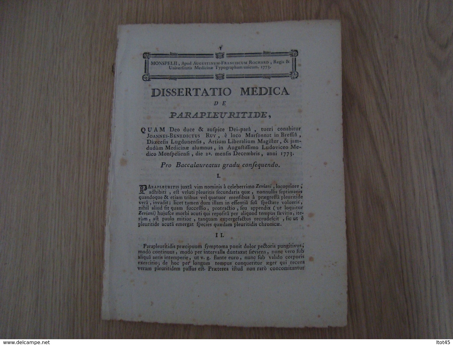 DISSERTATIO MEDICA DE PARAPLEURITIDE 1773 - 1701-1800