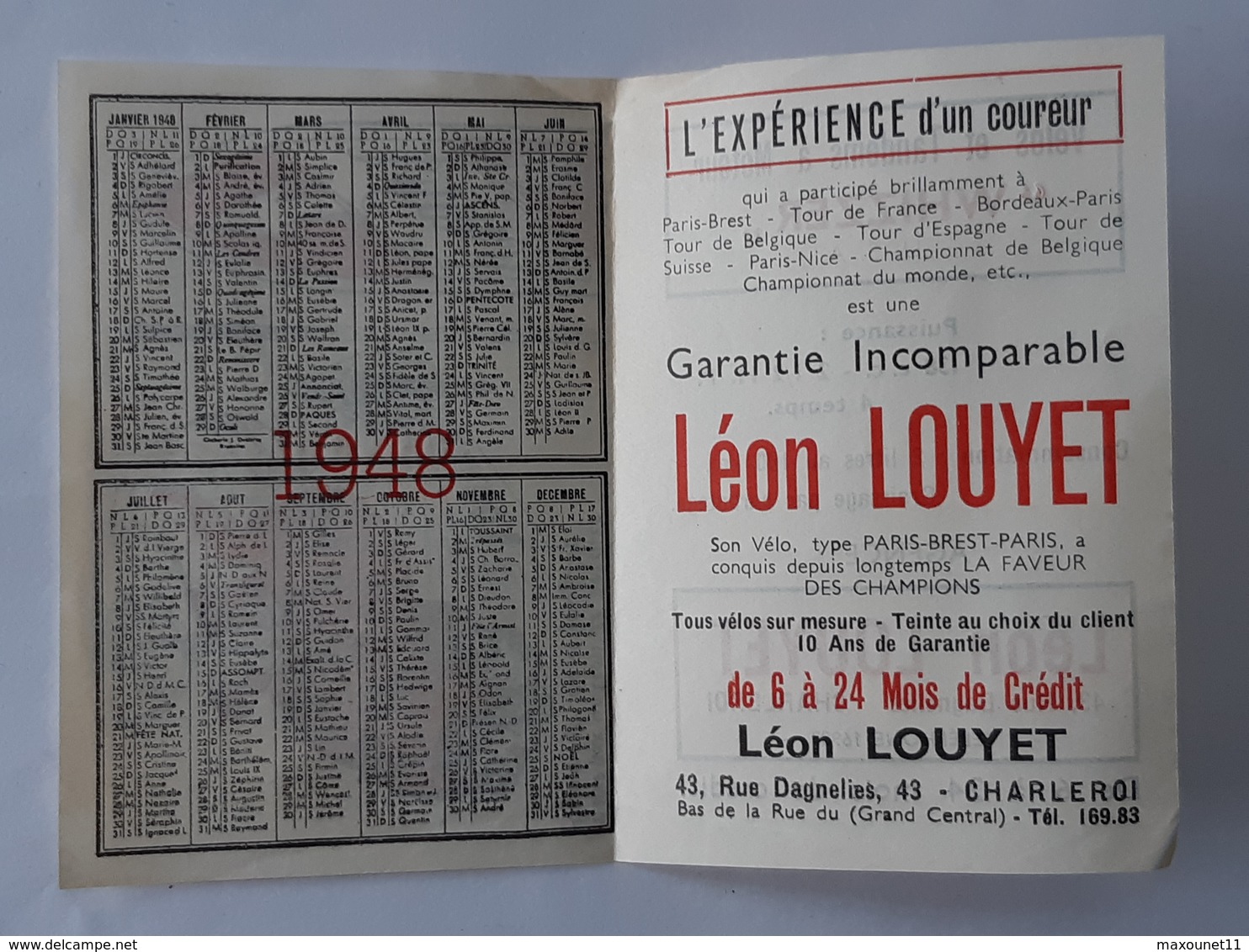 Ancien Calendrier De 1948 Avec Le Cycliste Léon Louyet - Wielrenner - Cyclisme - Vélo .... NA. - Cyclisme