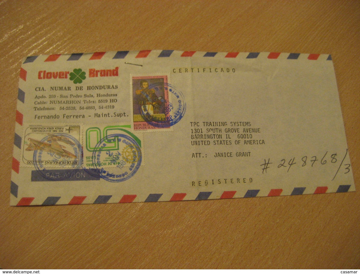 SAN PEDRO SULA 1983 To Barrington USA 3 Stamp Registered Cancel Air Mail Cover HONDURAS - Honduras