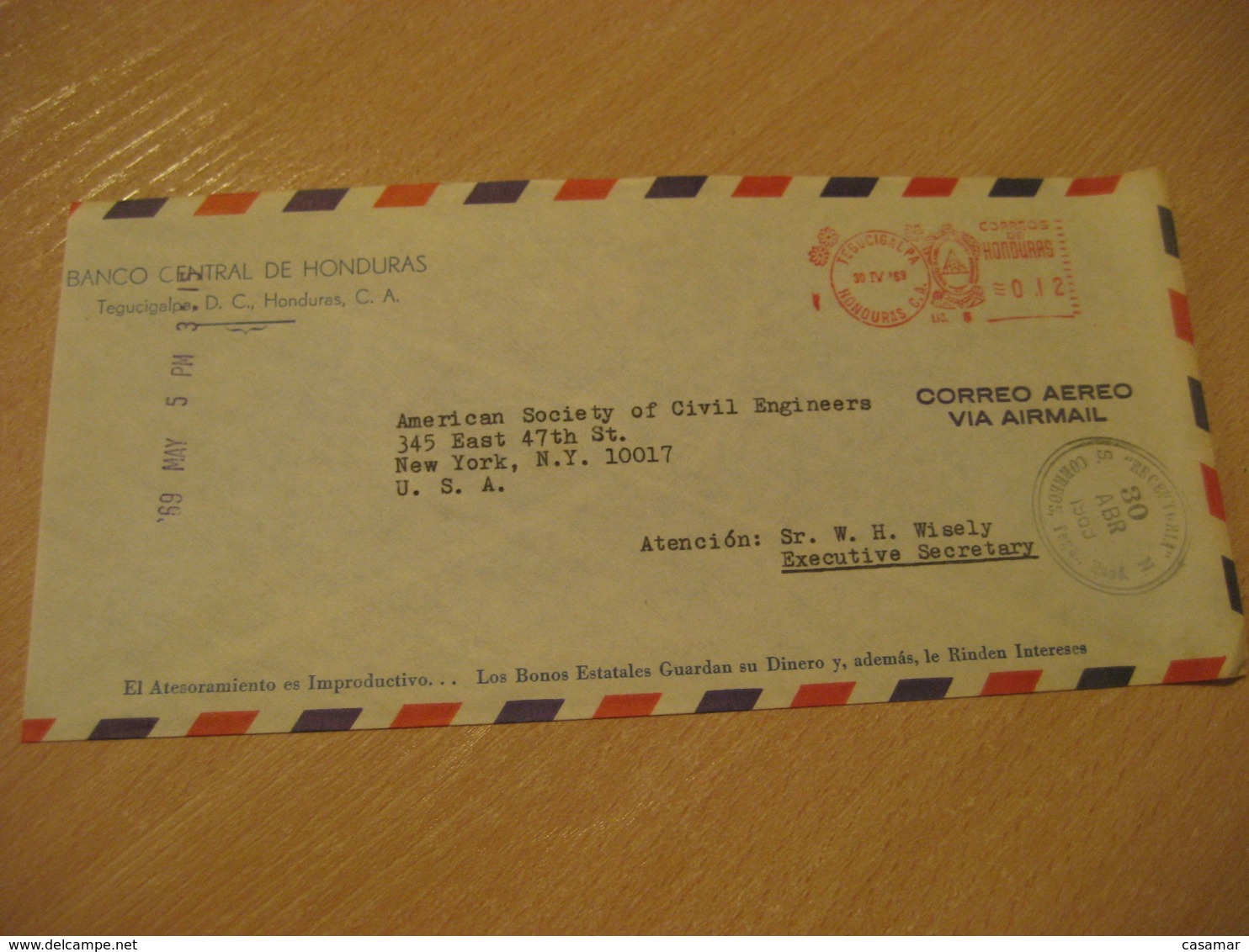 TEGUCIGALPA 1969 To New York USA Cancel Meter Air Mail Cover HONDURAS - Honduras