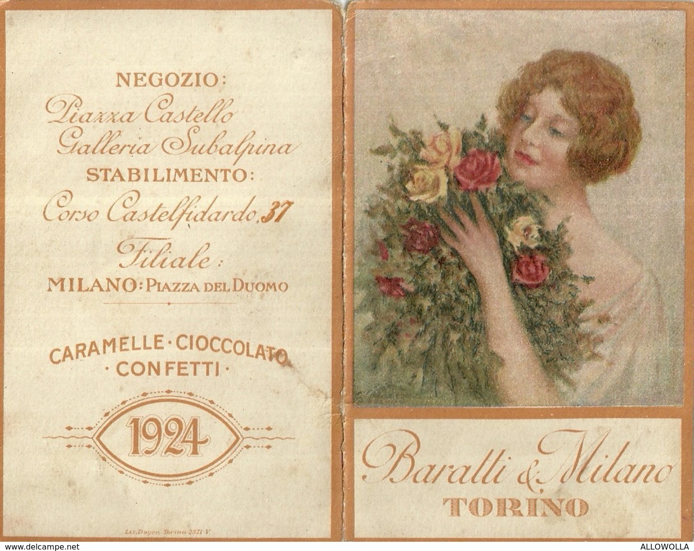 2142 " BARATTI & MILANO - TORINO -CALENDARIO 1924 - DONNA CON MAZZO DI ROSE " ORIGINALE - Formato Piccolo : 1921-40