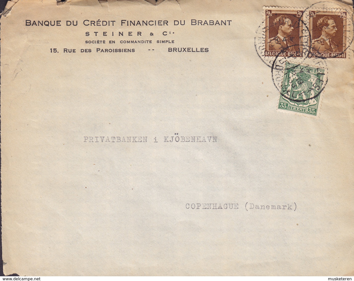 Belgium BANQUE DU CRÉDIT FINANCIER DU BRABANT, BRUXELLES 1938 Cover Lettre Denmark Leopold III. Timbres - 1934-1935 Leopold III.