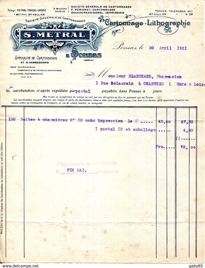 26.DROME.PONSAS.CARTONNAGE.LITHOGRAPHIE.S.METRAL. - Imprimerie & Papeterie