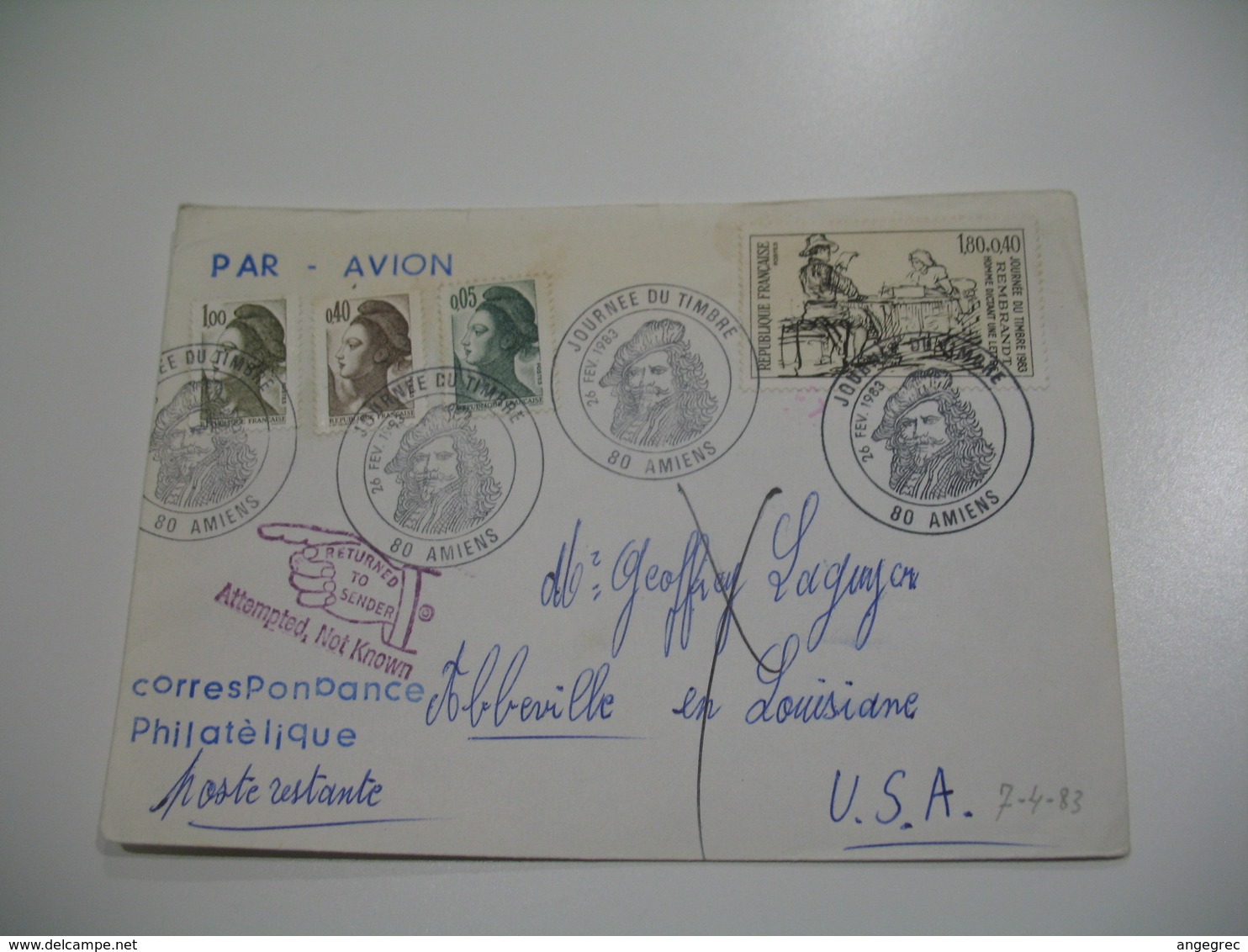 Lettre Philatélique En Poste Restante  Pour   Abbeville En  Louisiane   USA  1983  ; Retour à L'Envoyeur Voir Scan - 1961-....