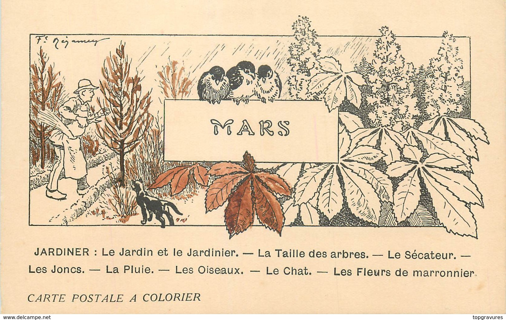 CARTE POSTALE A COLORIER LES MOIS - MARS - JARDIN ET JARDINIER ... - Autres & Non Classés