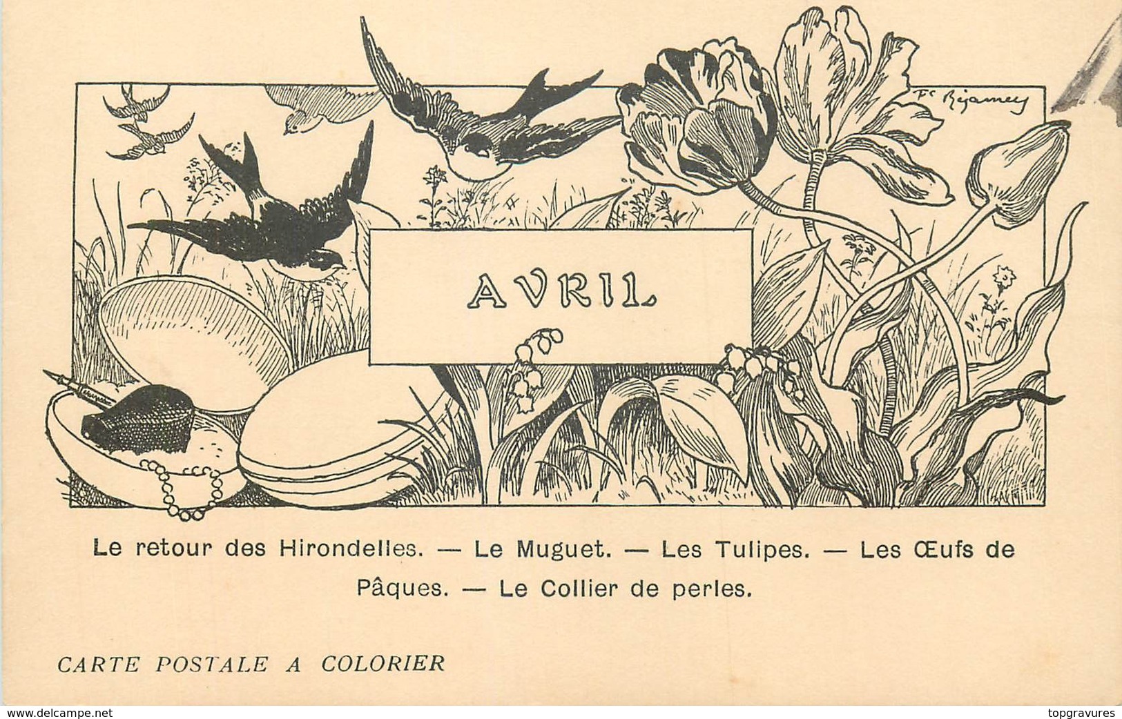 CARTE POSTALE A COLORIER LES MOIS - AVRIL - HIRONDELLES TULIPES ... - Autres & Non Classés