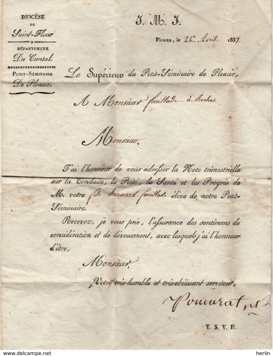 15 - PLEAUX - Petit Séminaire De Pleaux, 1837 - Diocèse De Saint-Flour - Bulletin Scolaire - Diplômes & Bulletins Scolaires
