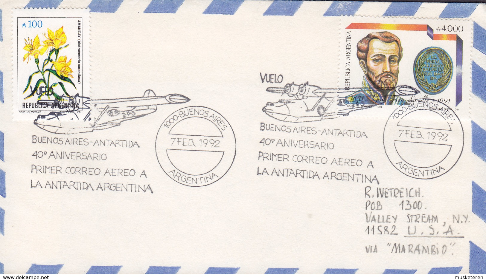 Argentina Primer Voelo First Flight 1992 Cover Letra Via 'MARAMBIO' Antartica To United States (2 Scans) - Covers & Documents