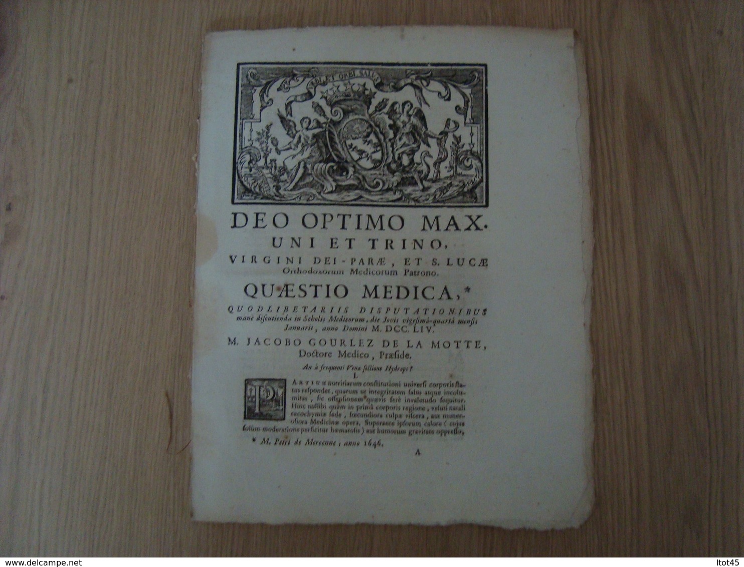 DEO OPTIMO MAX. UNI ET TRINO  QUAESTIO MEDICA 1754 - 1701-1800