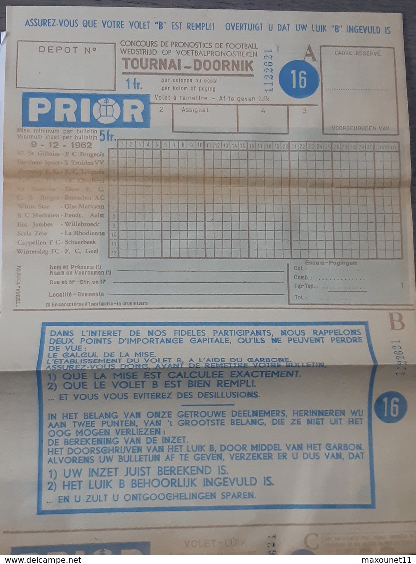 3 Exempl. Pronostic Football - Voetbal - Prior Du 9-12-1962 -   Diest , Berchem , Ent .Jambes , Willebroek ,   Etc .. NA - Billets De Loterie