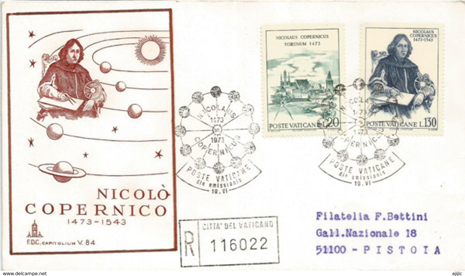 VATICAN. Hommage à Copernic, Sur Lettre Recommandée Vaticano Adressée à Pistoia., 1973. Deux Photos Recto-verso. - Astronomy