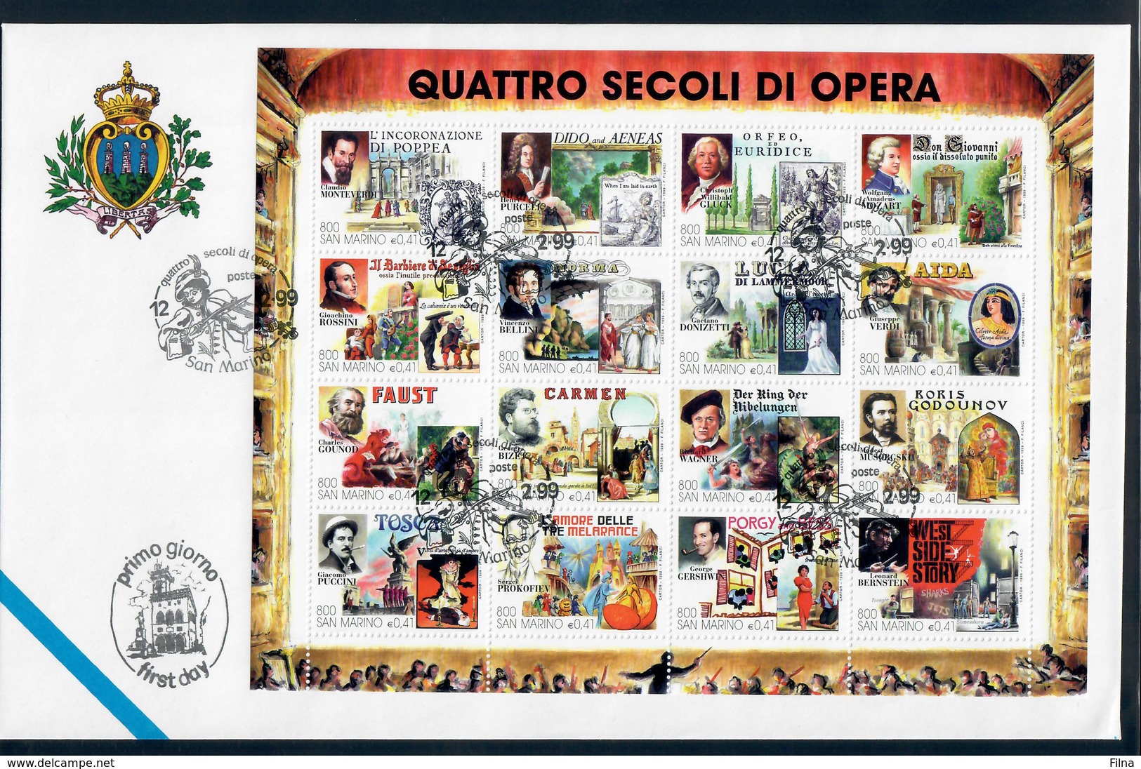 SAN MARINO 1999 - QUATTRO SECOLI DI OPERA - FOGLIETTO - FDC - FDC