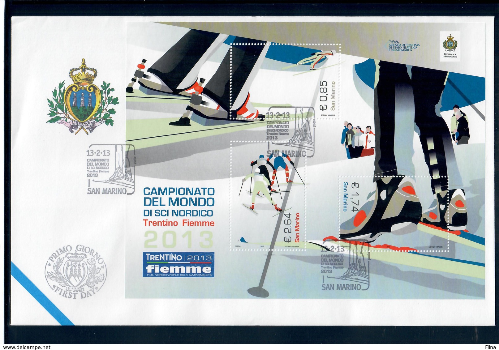 SAN MARINO 2013 - CAMPIONATI DEL MONDO DI SCI NORDICO - FOGLIETTO - FDC - FDC