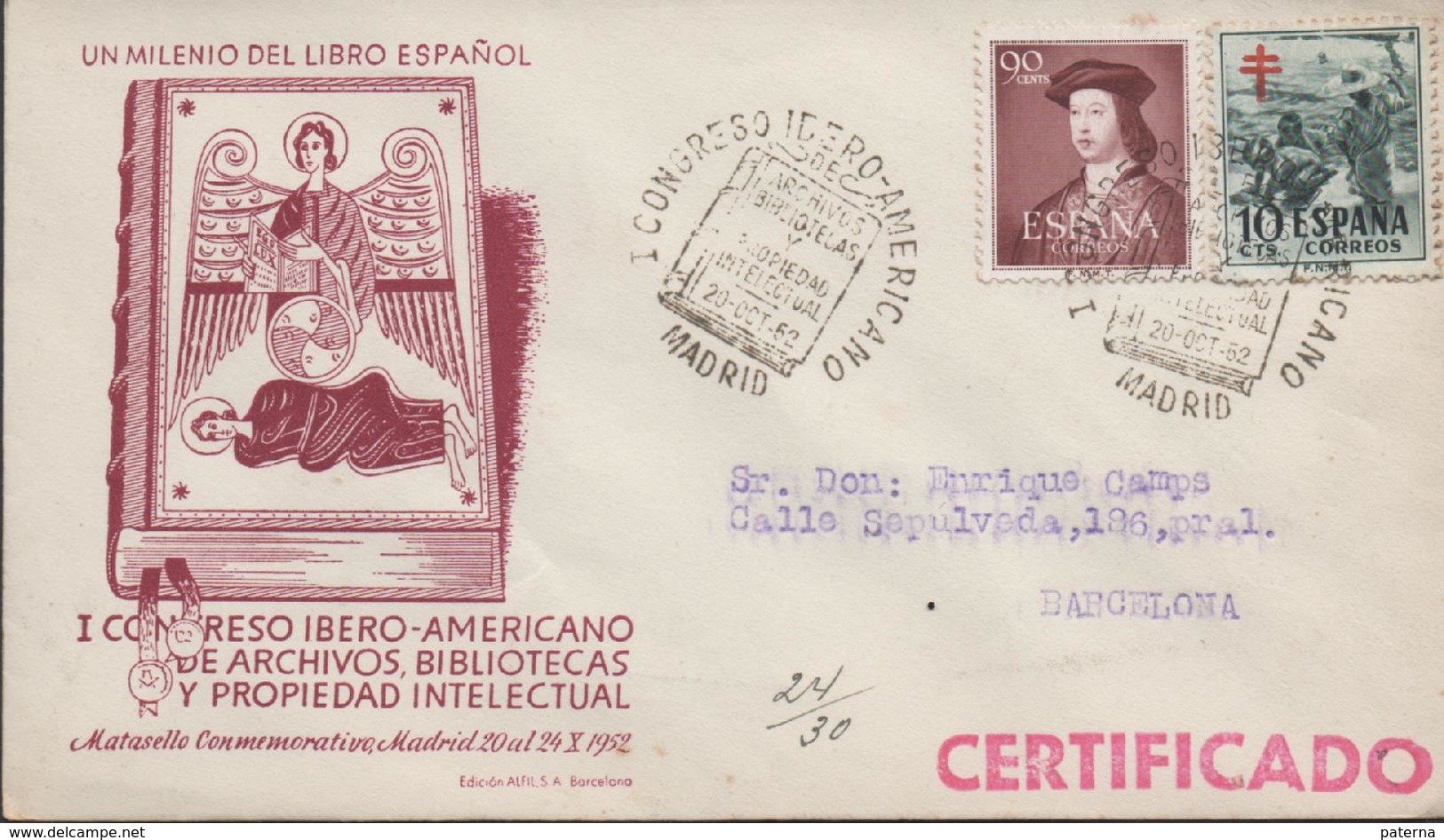 3361  Carta Certificada Madrid  1952, Bibliotecas . - Cartas & Documentos