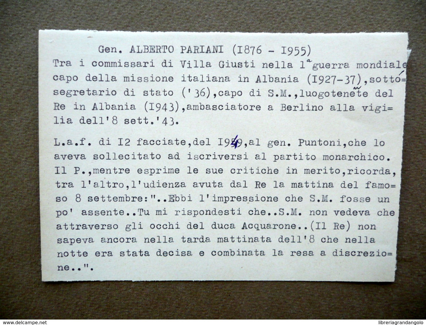 Autografo Generale Pariani Lunga Lettera Malcesine 1949 8 Settembre 1943 WW2 - Altri & Non Classificati