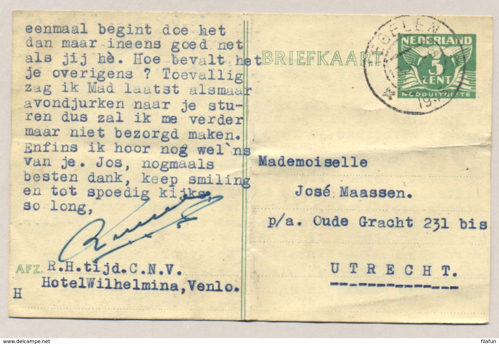 Nederland - 1945 - 5 Cent Nooduitgifte, Briefkaart G277a Met Noodstempel TEGELEN/4 (Open 4) Naar Utrecht - Postal History
