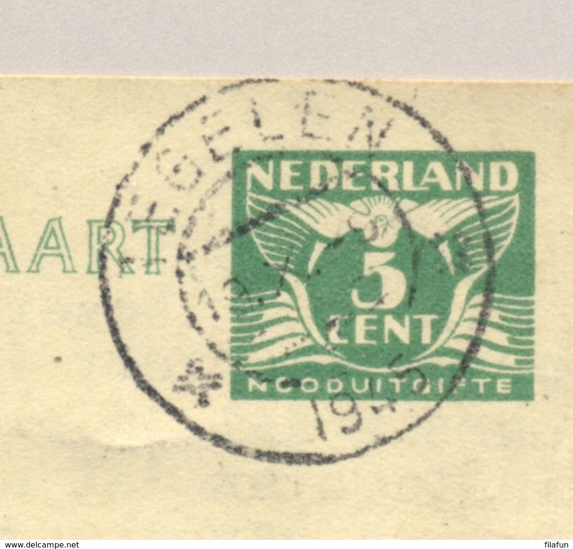 Nederland - 1945 - 5 Cent Nooduitgifte, Briefkaart G277a Met Noodstempel TEGELEN/4 (Open 4) Naar Utrecht - Marcophilie