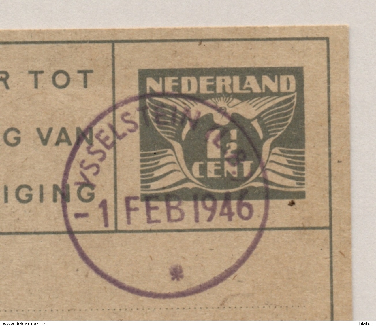 Nederland - 1946 - 1,5 Cent Verhuiskaart Met Rubber Noodstempel YSSELSTEIN Naar Amsterdam - Poststempels/ Marcofilie