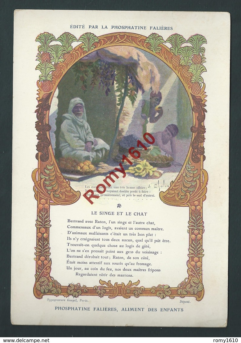 Typogravure. Fable De La Fontaine édité Par La Phosphatine Falière. LE SINGE ET LE CHAT.  Art-Nouveau. 2 Scans - Autres & Non Classés