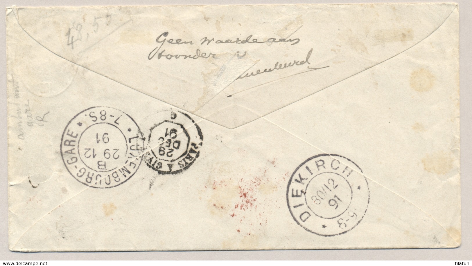 Nederlands Indië - 1891 - 10 En 12,5 Cent Willem III Op Envelop G7 - R-cover Van Weltevreden Naar DIEKIRCH / Luxembourg - Indes Néerlandaises