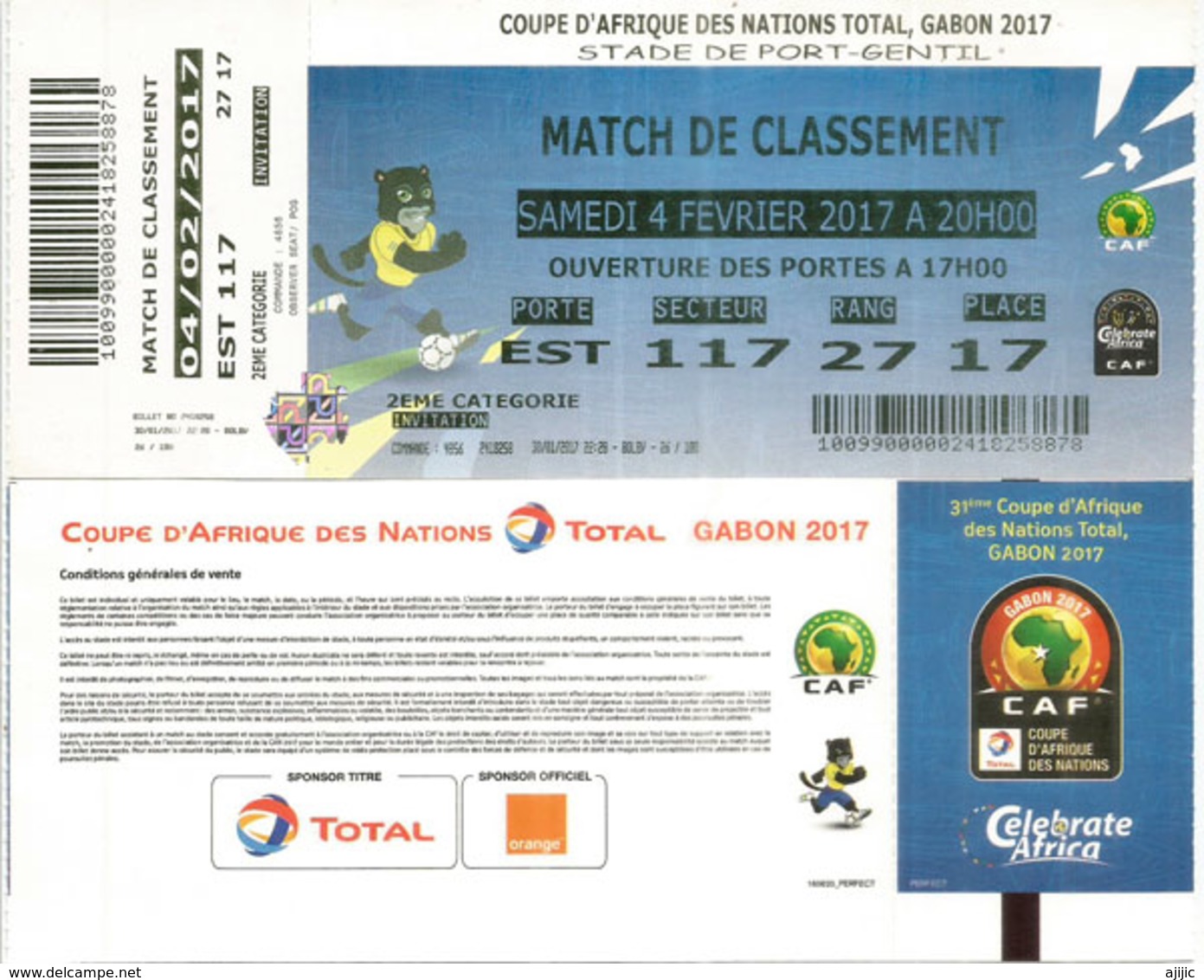 Ticket Coupe D'Afrique Des Nations Au Gabon, Stade De Port-Gentil. 4 Fevrier 2017, Etat Neuf - Autres & Non Classés