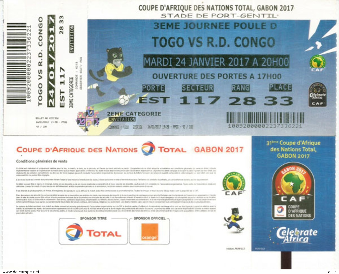 Football.Match TOGO Vs RD CONGO,Ticket Coupe D'Afrique Des Nations Au Gabon, Stade De Port-Gentil. 24 01  2017,etat Neuf - Autres & Non Classés