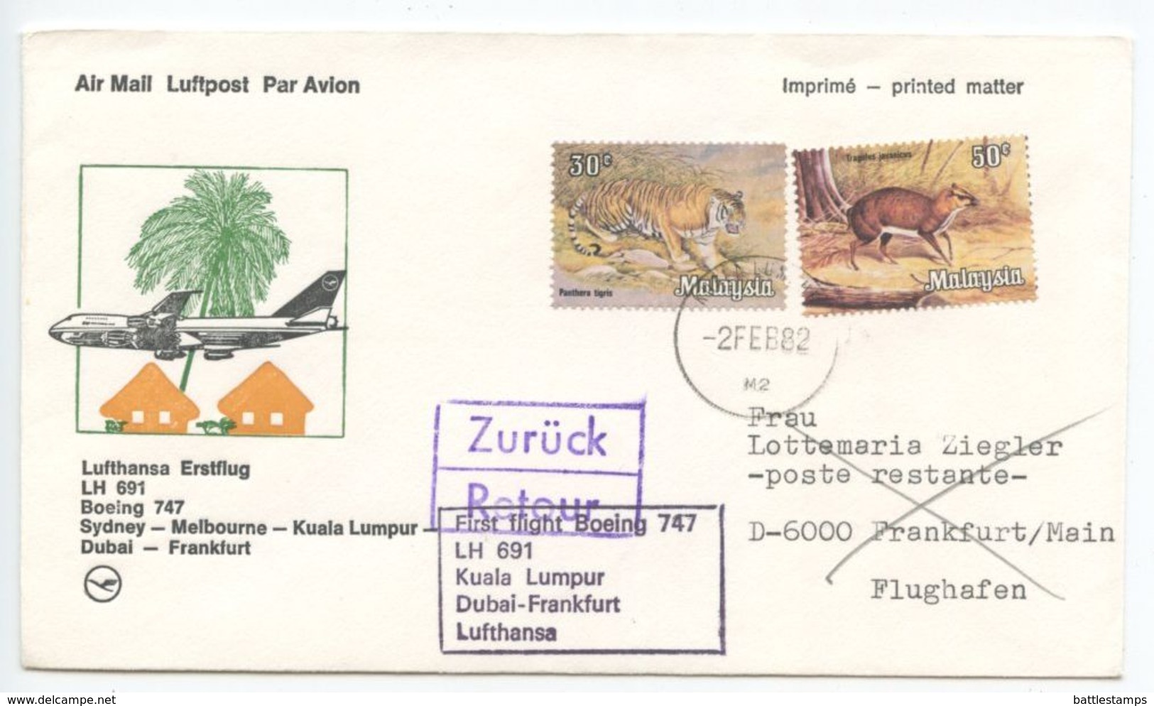 Malaysia 1982 Lufthansa LH 691 1st Flight Cover Kuala Lumpur To Germany - Malaysia (1964-...)