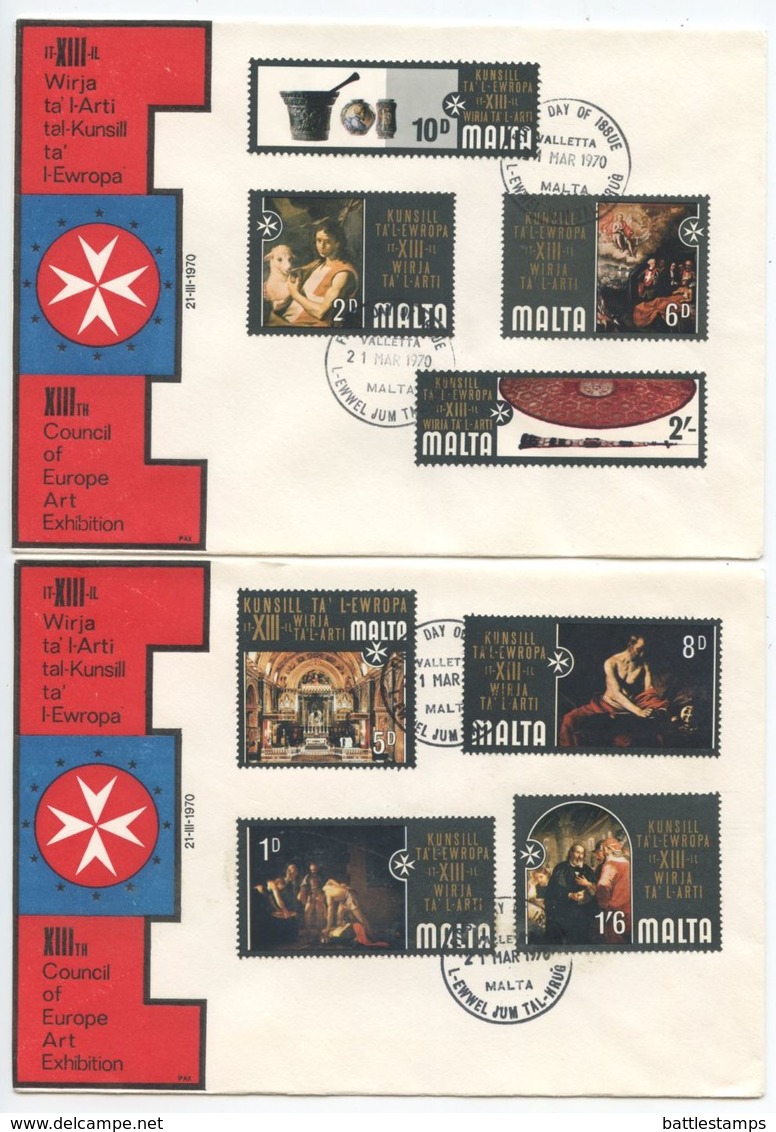 Malta 1970 2 FDCs Scott 409-416 XIIIth Council Of Europe Art Exhibition - Malta