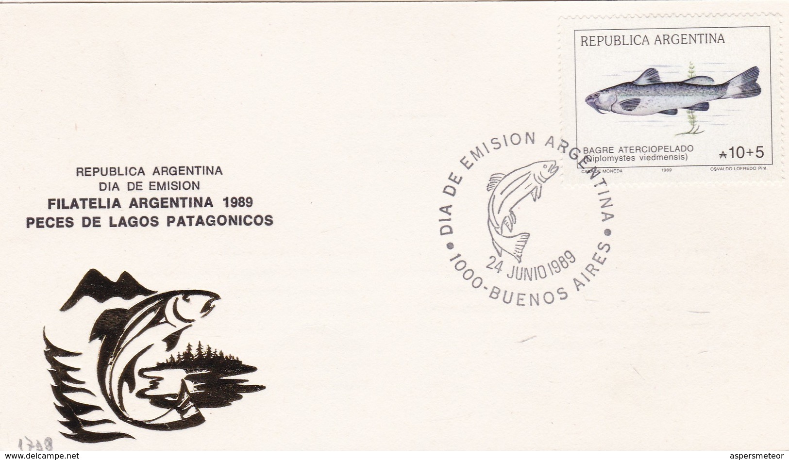 PECES DE LAGOS PATAGONICOS-FDC 1989 BUENOS AIRES, L'ARGENTINE-CARD - BLEUP - Poissons