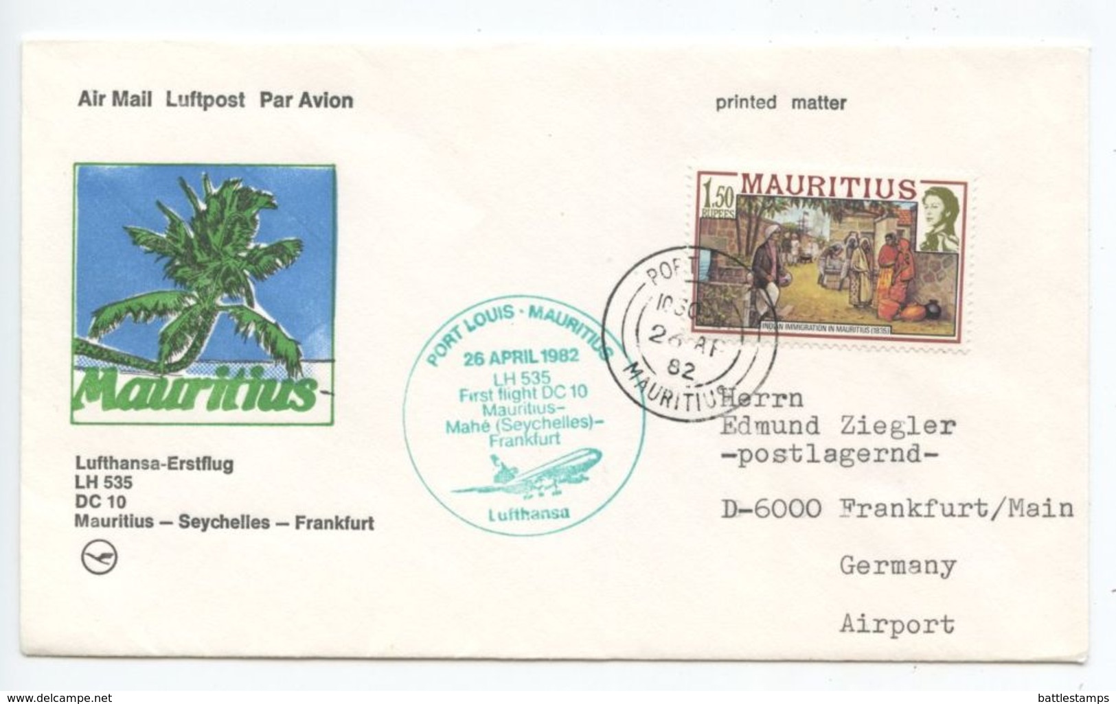 Mauritius 1982 Lufthansa LH 535 DC10 1st Flight Cover Port Louis To Germany - Mauritius (1968-...)